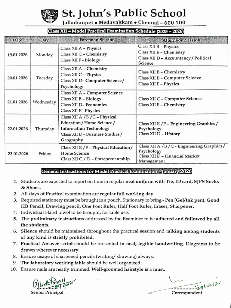 Class XII Practical Exam Schedule 2025-26 | PDF
