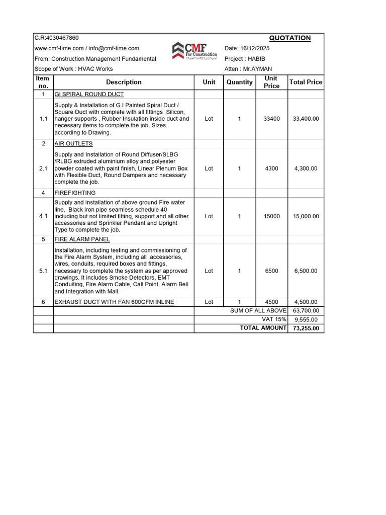 HVAC Installation Quotation Summary | PDF | Duct (Flow) | Mechanical ...