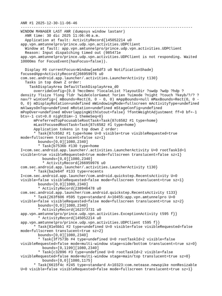ANR Report for VPN App on Dec 30, 2025 | PDF | Android (Operating ...