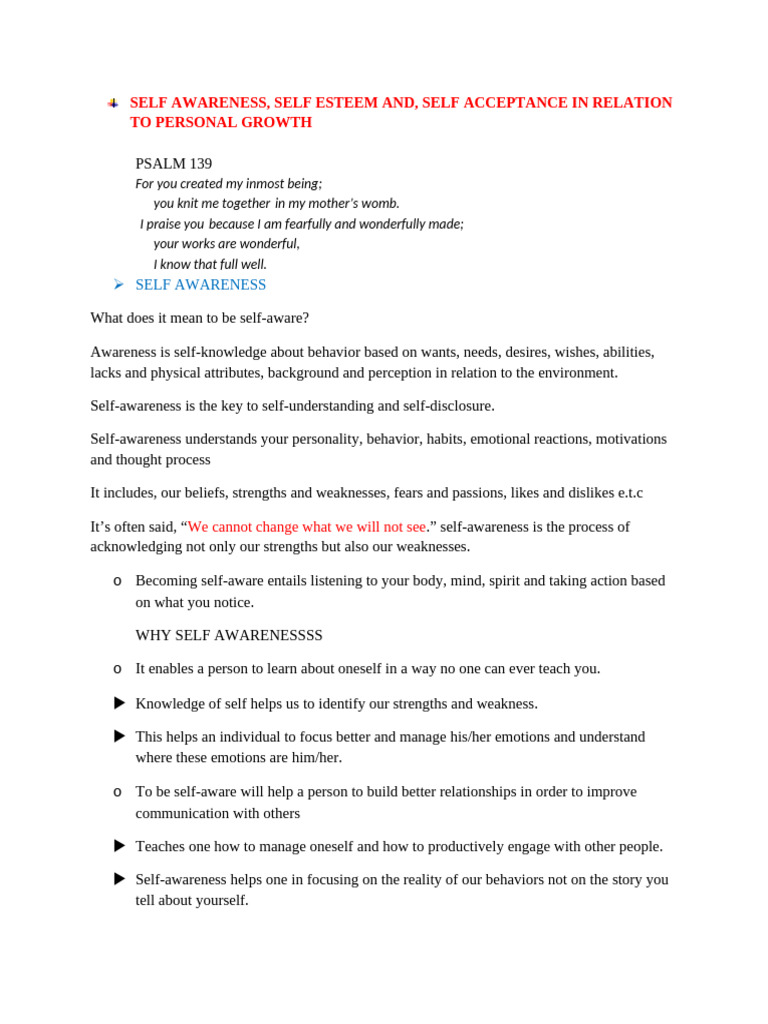 Psychology Notes WK 5-7 | PDF | Self Esteem | Self Awareness