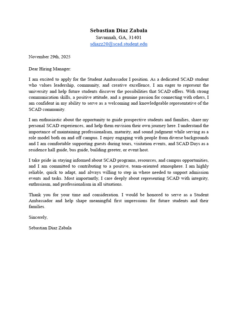 SCAD Student Ambassador Application Letter | PDF