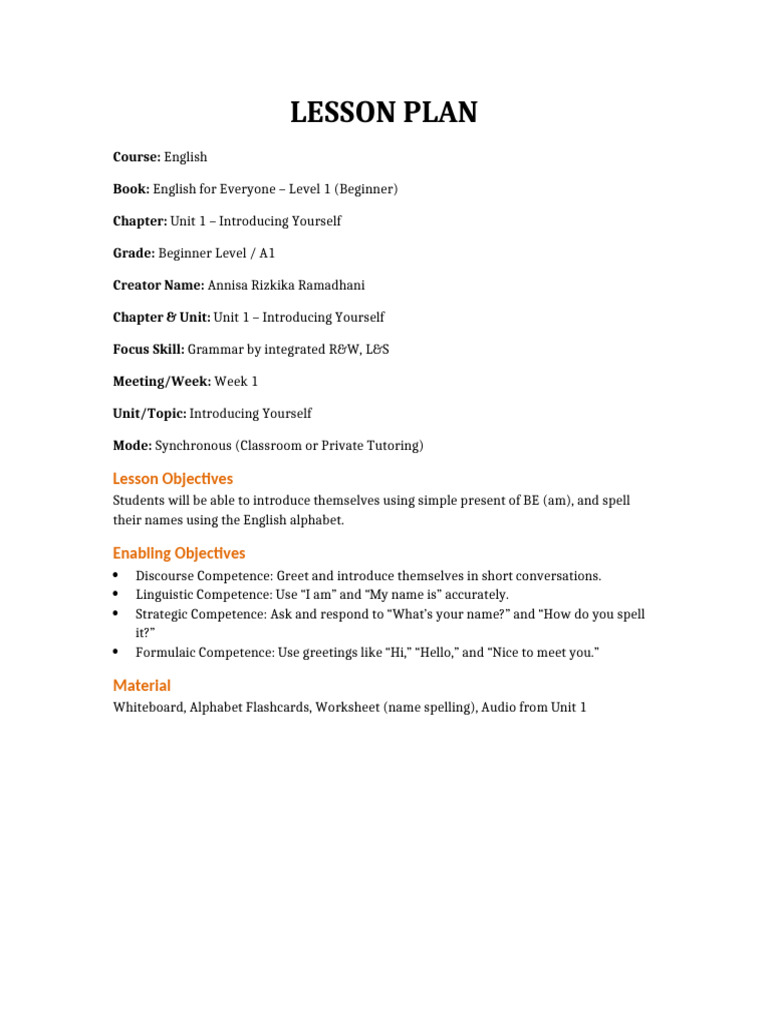 Beginner English Lesson: Introductions | PDF | Lesson Plan | Teaching
