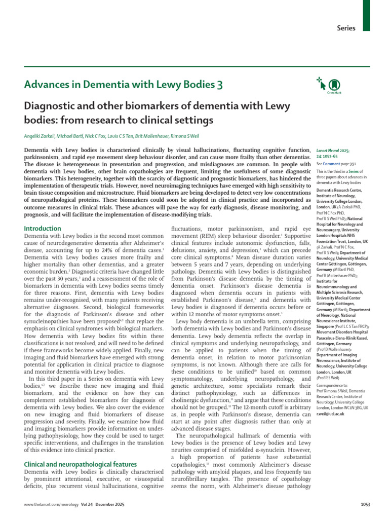 Diagnostic and Other Biomarkers of Dementia With Lewy Bodies- From ...