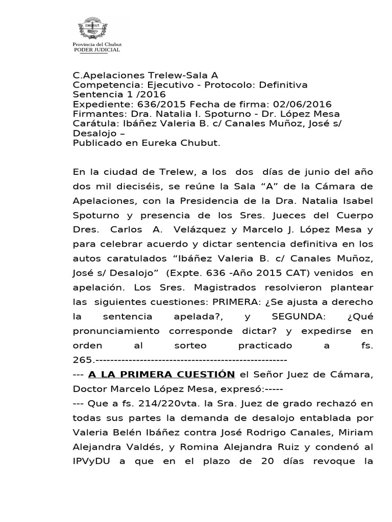 Sentencia de Desalojo en Chubut 2016 | PDF | Caso de ley | Sentencia (ley)