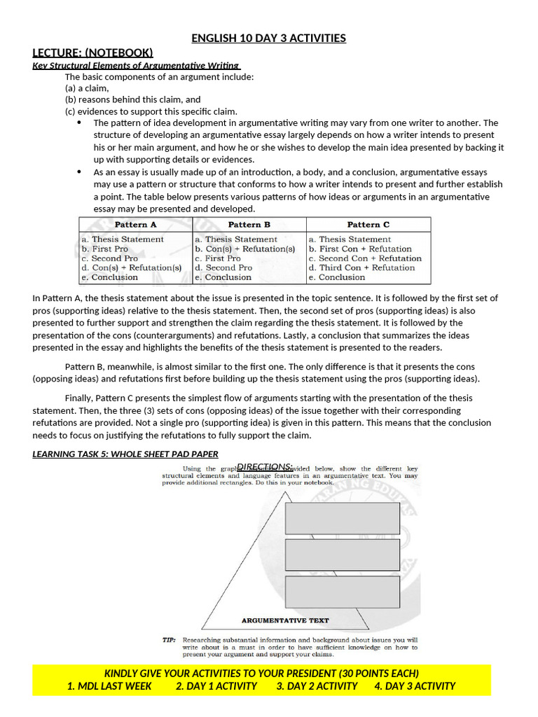 English 10 Day 3 Activities | PDF | Essays | Thesis