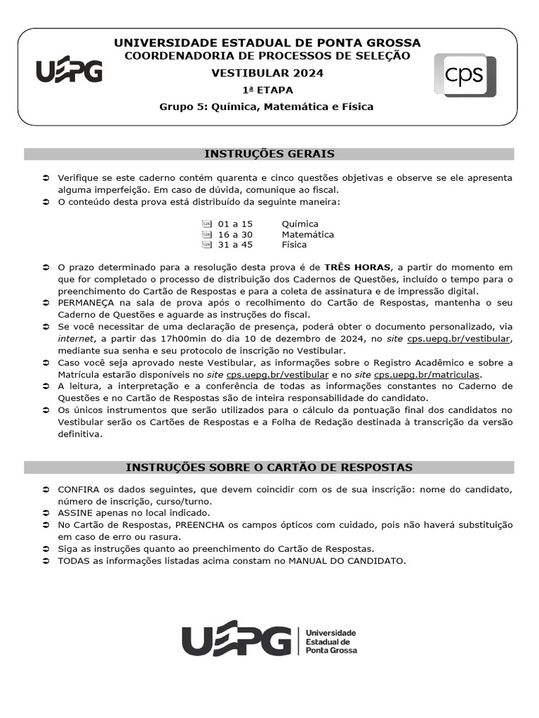 Instruções para Prova de Vestibular 2024 | PDF | Dióxido de enxofre ...