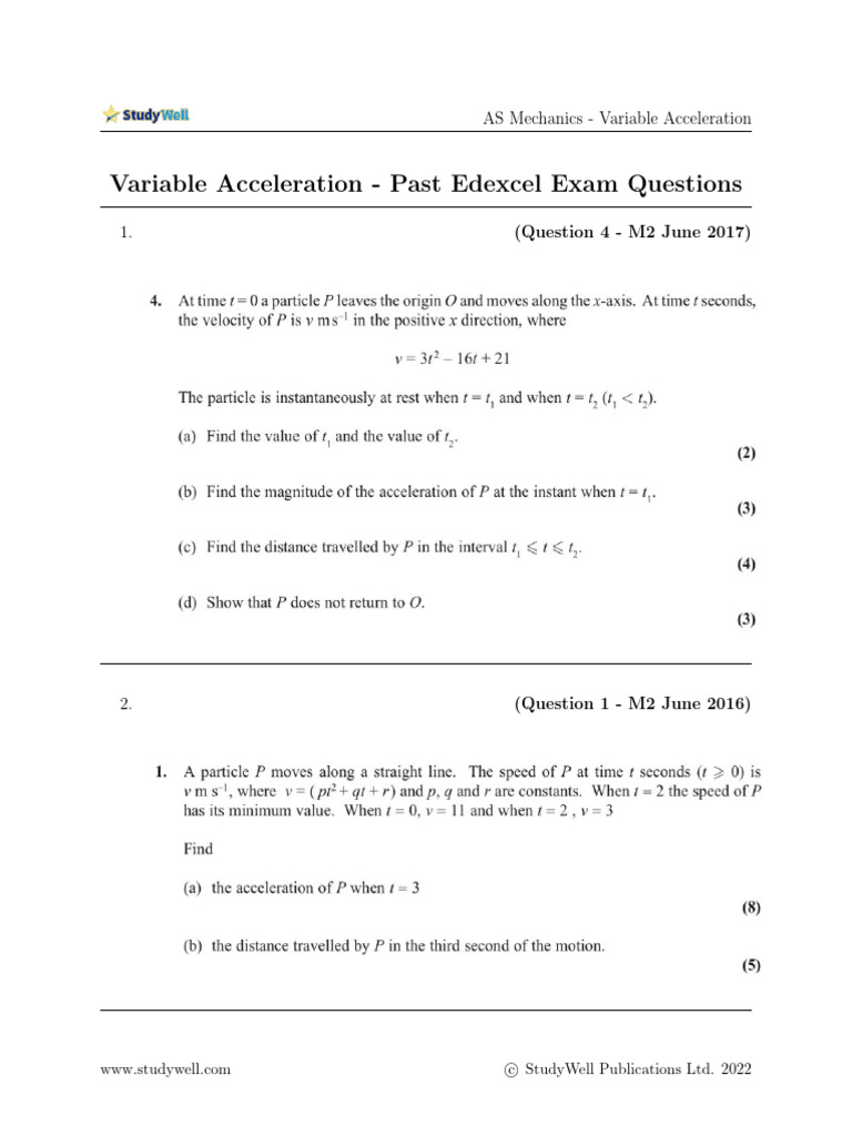 AS Mechanics Variable Acceleration Questions | PDF