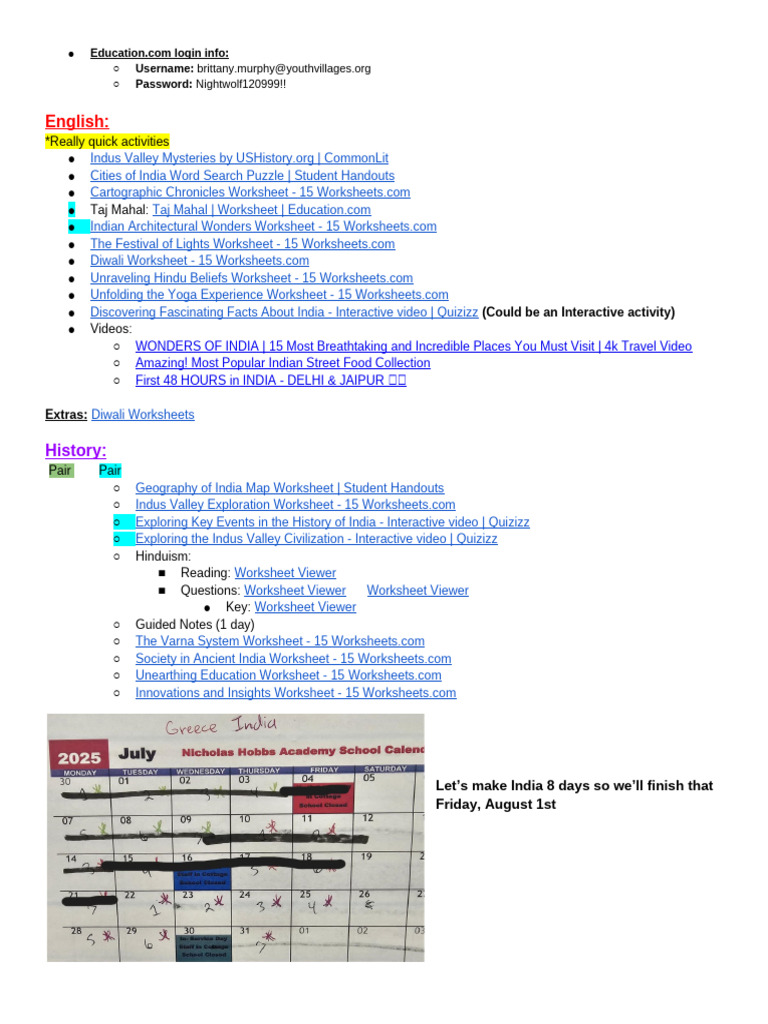 India Education Resources and Worksheets | PDF