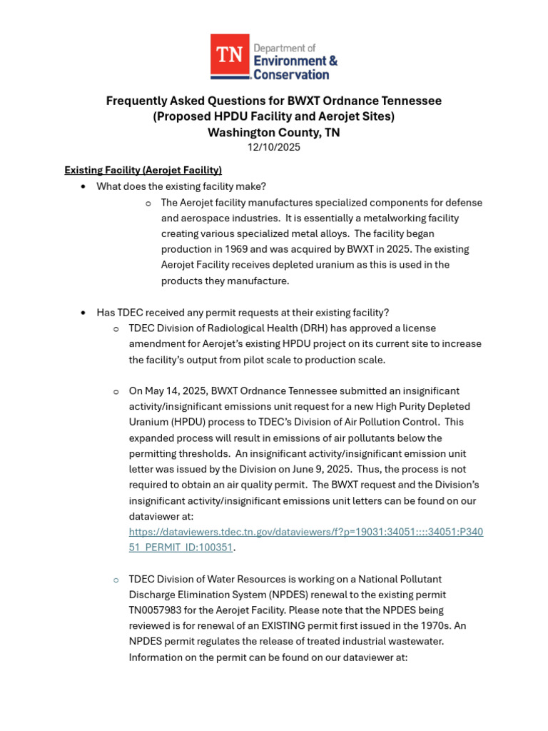 BWXT Ordnance Tennessee FAQs | PDF | National Environmental Policy Act ...