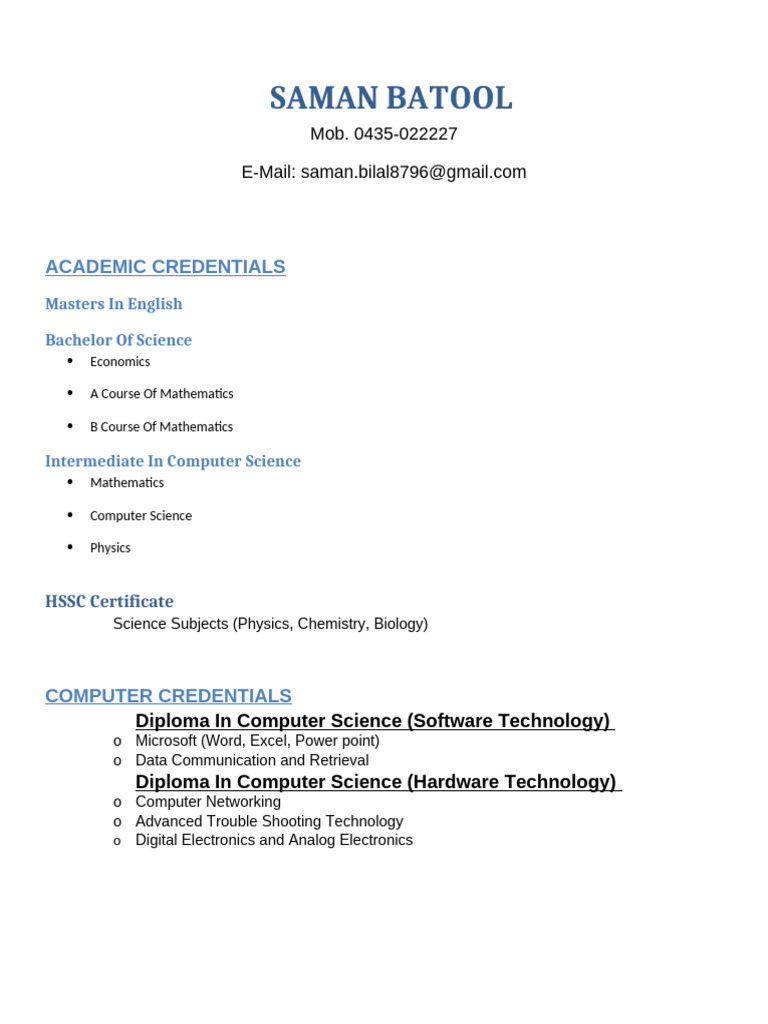 Saman Batool: Academic & Teaching Profile | PDF