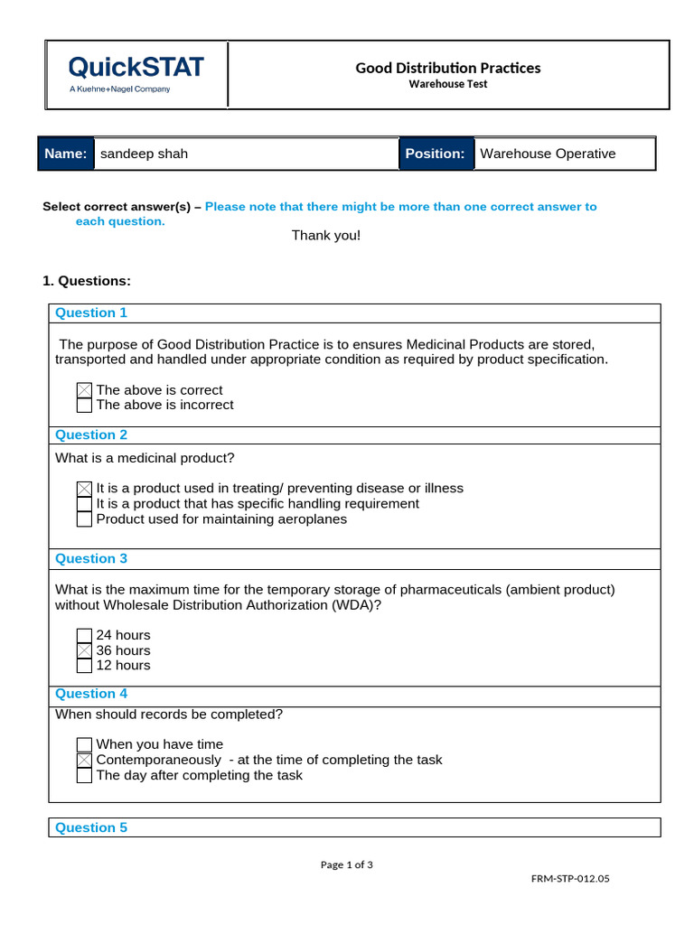 Good Distribution Practices Warehouse Test | PDF | Warehouse | Hygiene