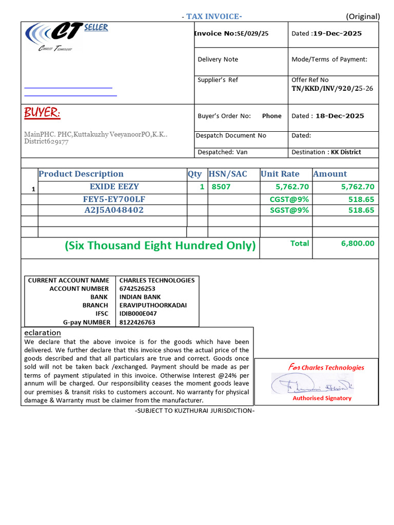 Tax Govt. Primary Health Centre, Kuttakuzhi | PDF | Invoice | Payments
