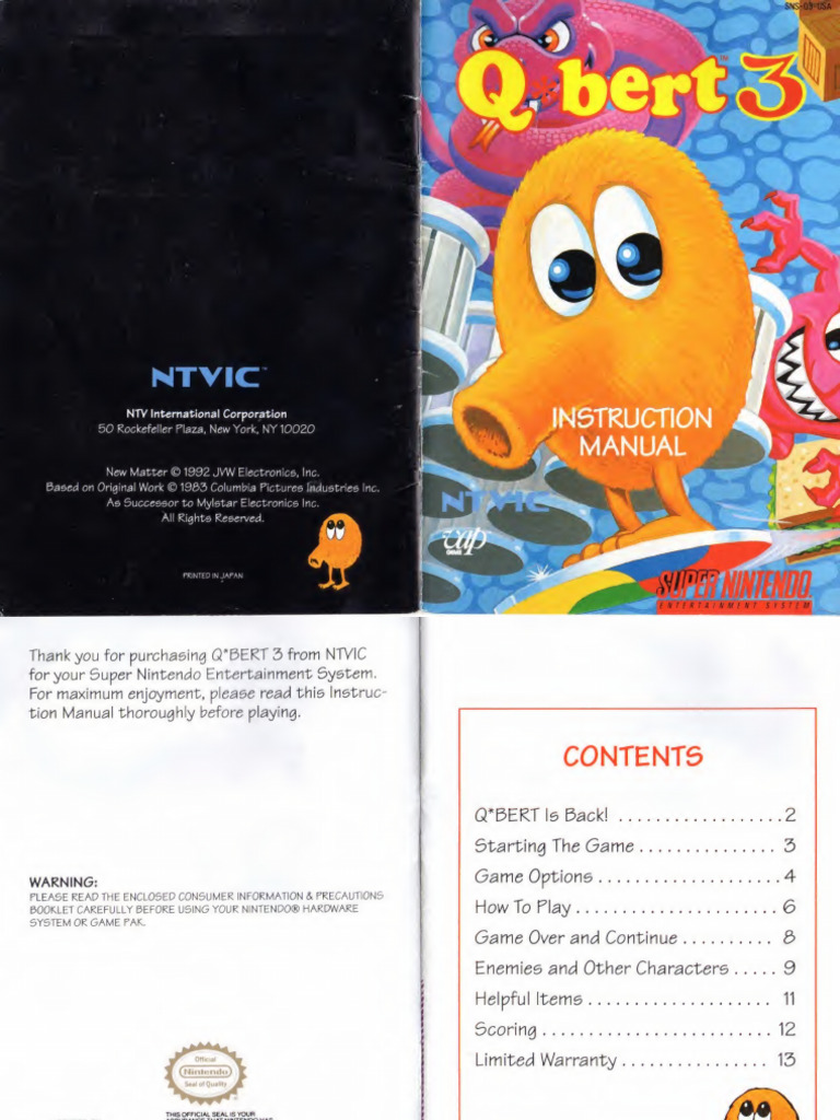 Q-bert 3 (USA) (Super Nintendo / SNES Gaming Instruction Manual) | PDF ...