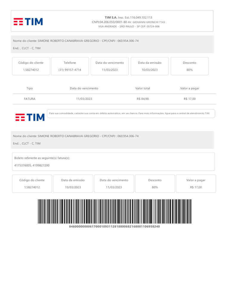 Boleto Tim Negocia | PDF