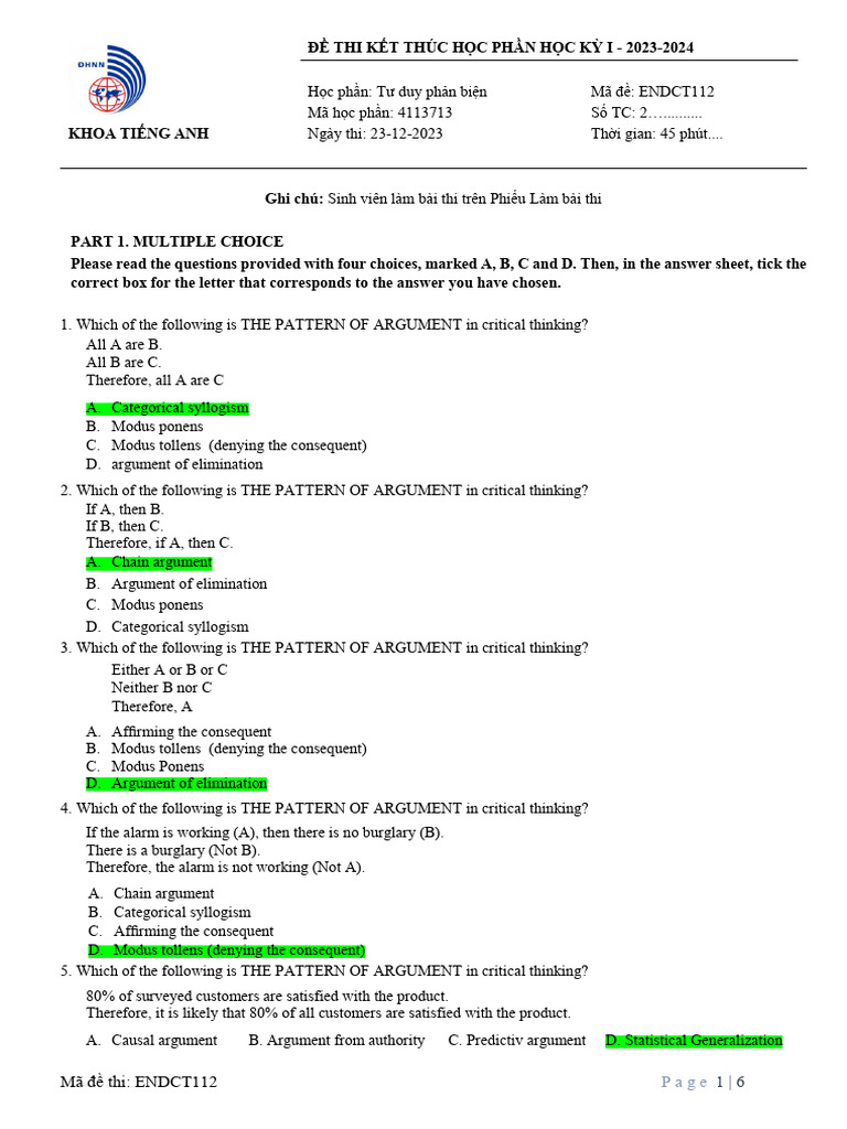 sample test (112.2023) | PDF | Argument | Logical Consequence