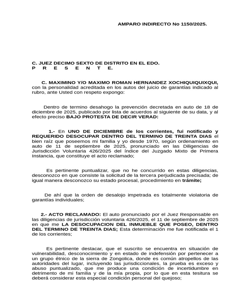 Amparo Indirecto por Desalojo Injusto | PDF | Justicia | Crimen y violencia