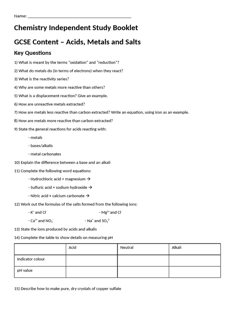 GCSE Chapter 5 Independent Study Booklet | PDF | Redox | Chemical Reactions
