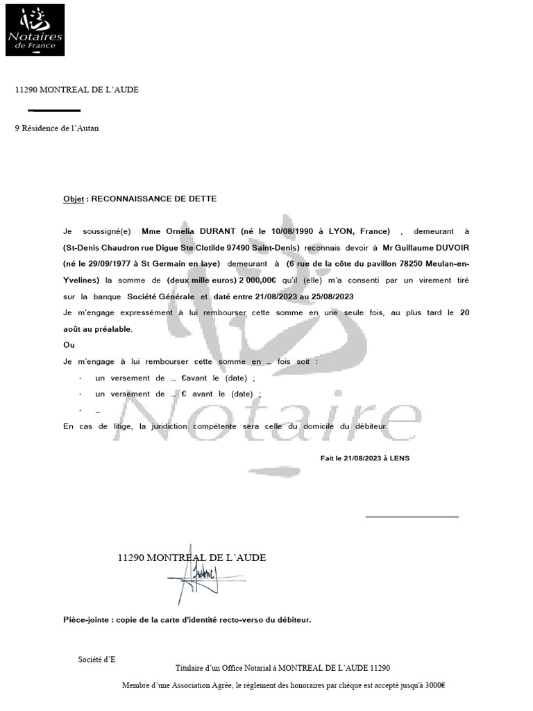 Reconnaissance de dette - Ornelia DURANT | PDF | Passif (comptabilité ...