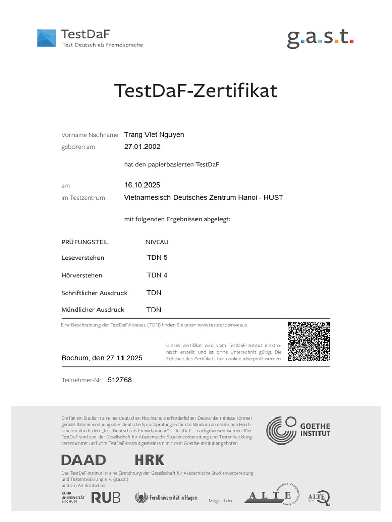Testdaf Paperbased Certificate | PDF