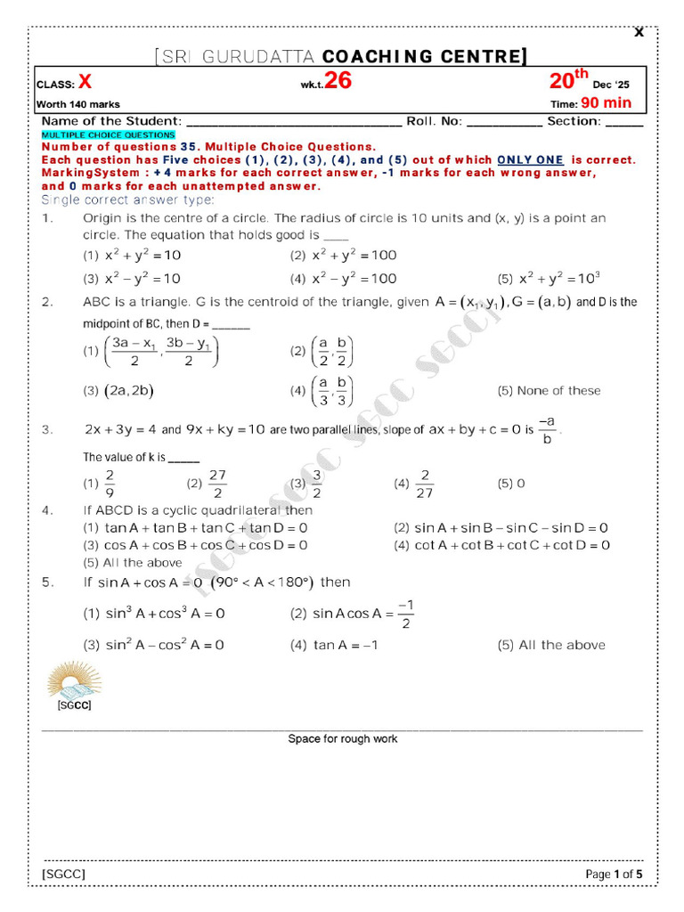 IIT Foundation Test Practice Papers WKT - 26 and 27 | PDF