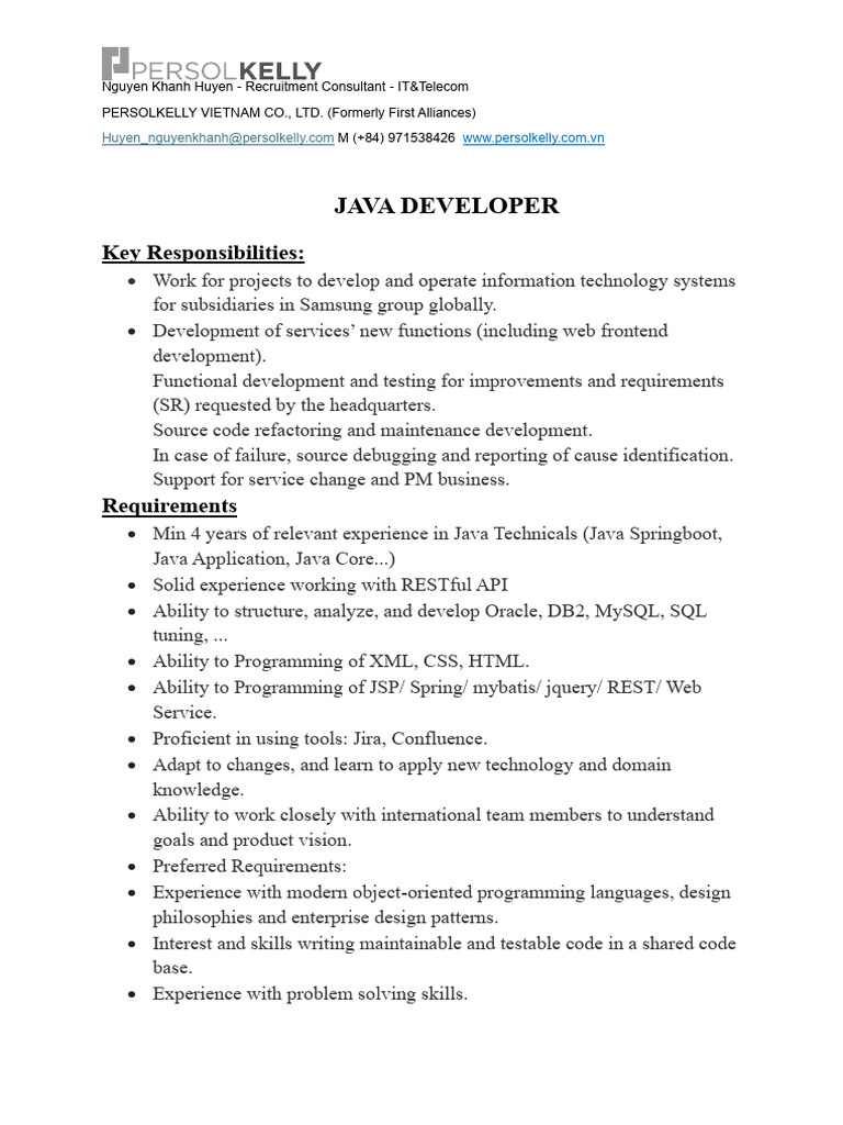 Java Developer Position at PERSOLKELLY | PDF | Computer Programming ...