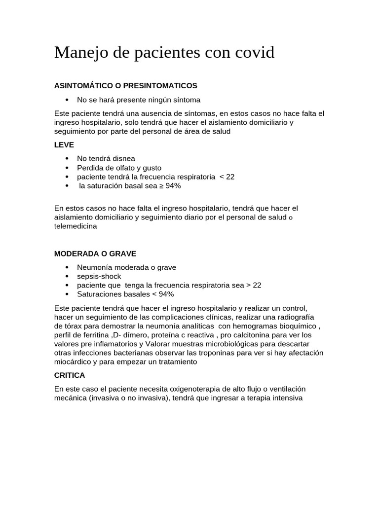 Manejo y tratamiento de pacientes con COVID | PDF | Enfermedades y ...