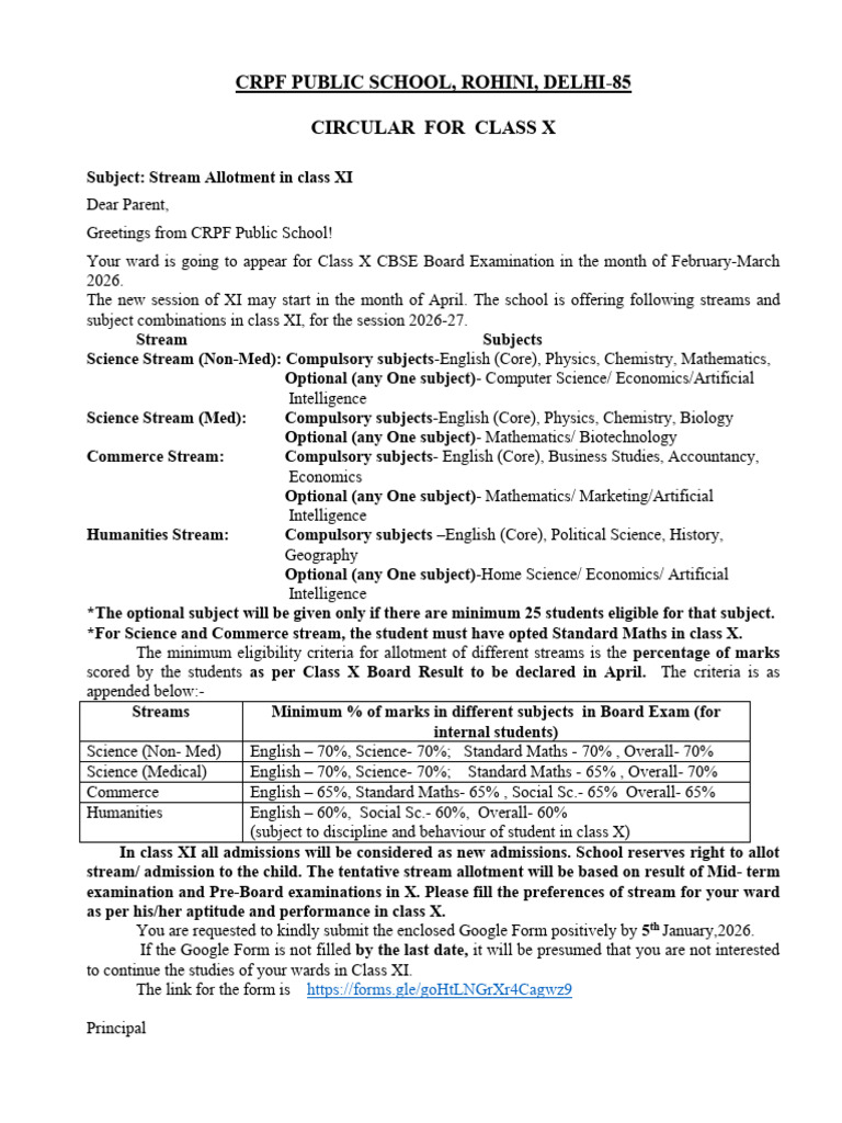 Class XI Stream Allotment Circular 2026 | PDF | Qualifications ...