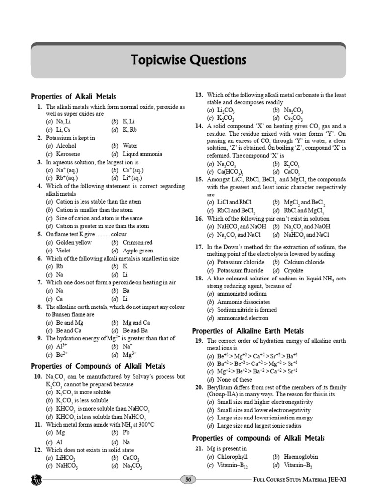 JEE-XI Study Material: Alkali Metals | PDF | Hydroxide | Sodium