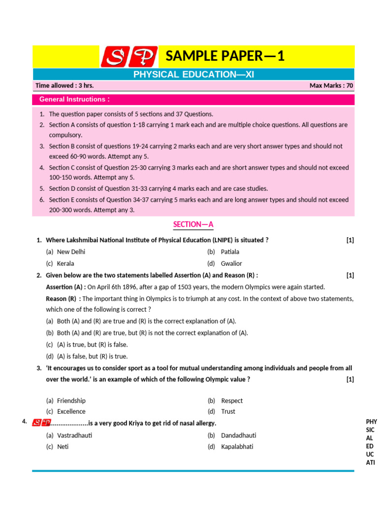 Physical Education XI Sample Paper Guide | PDF | Anatomical Terms Of Motion