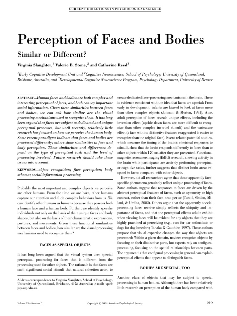 Perception of Faces and Bodies | PDF | Perception | Face