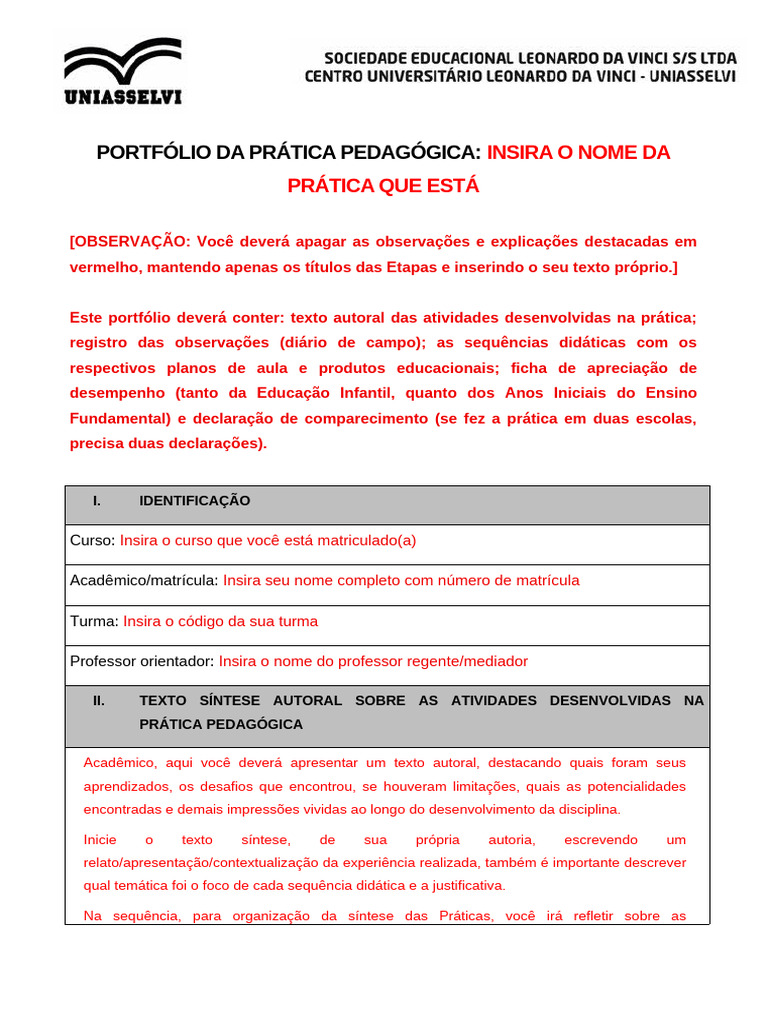 Modelo de Portfólio Da Prática Pedagógica Modelo 02 | PDF | Pedagogia ...