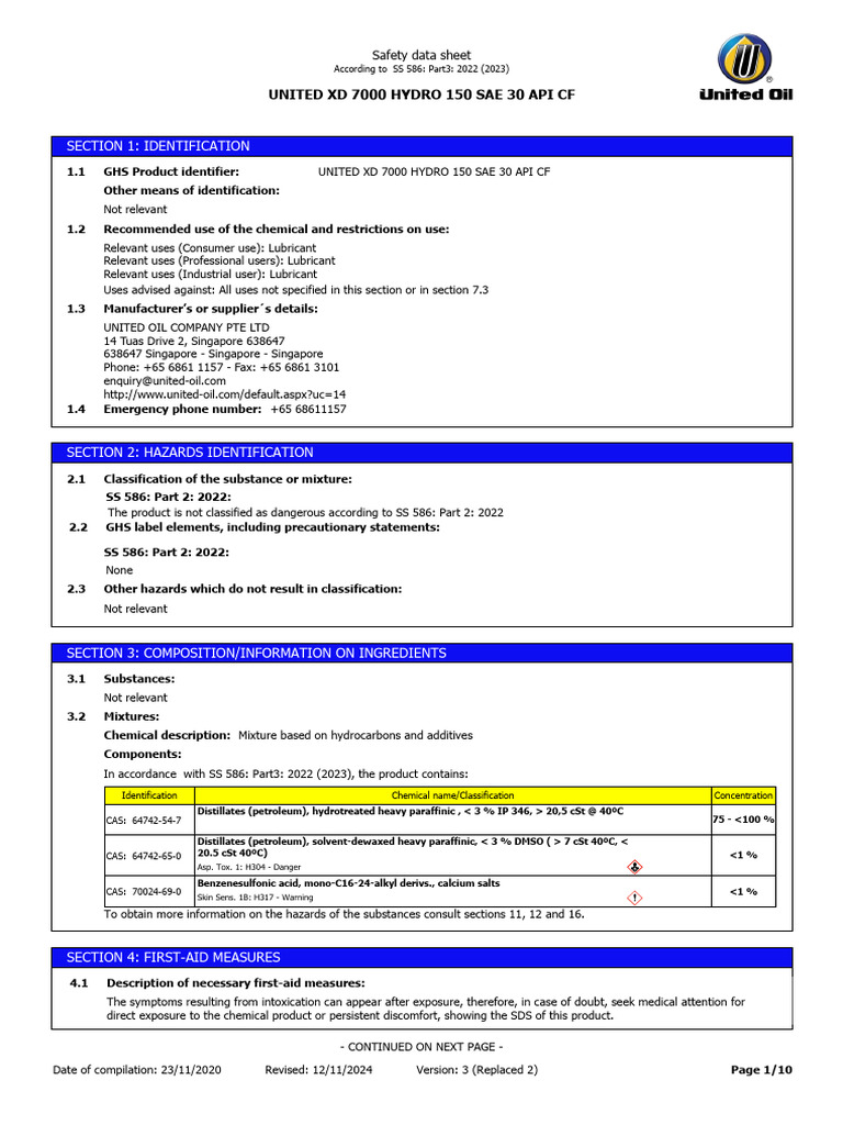 Safety Data Sheet of United XD 7000 Hydro 150 Sae 30 API CF | PDF ...