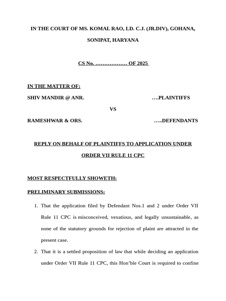 Plaintiffs' Reply to Order VII Rule 11 CPC | PDF | Lawsuit | Adverse ...