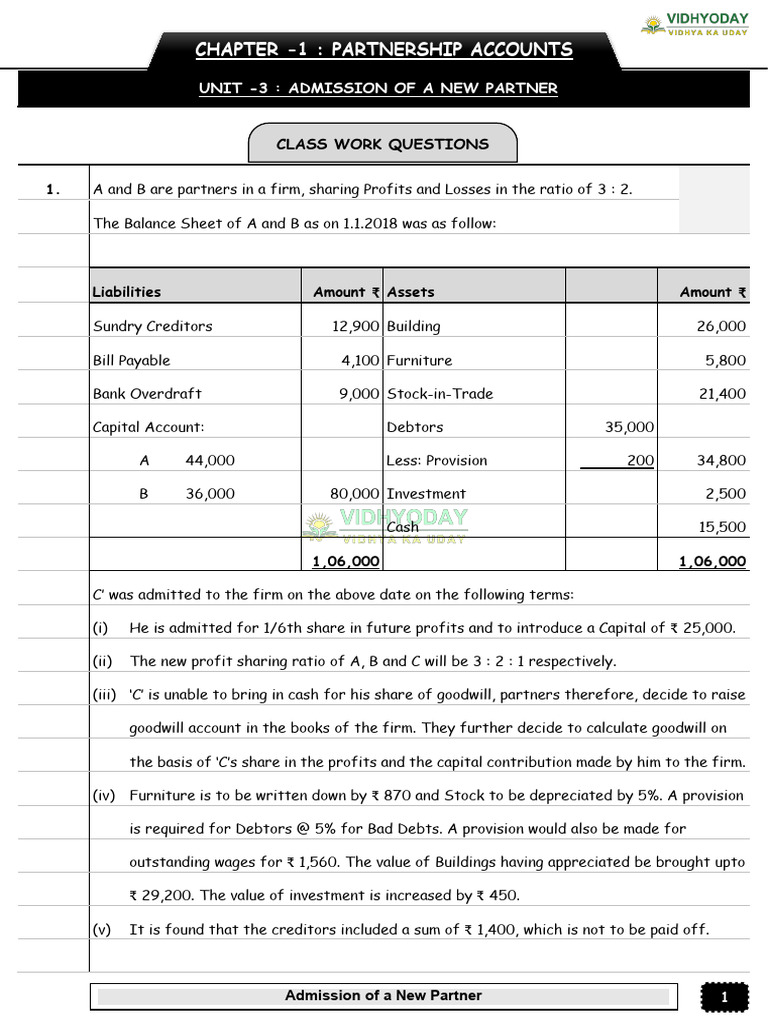 Admission of a New Partner in Partnership Accounts | PDF | Balance ...