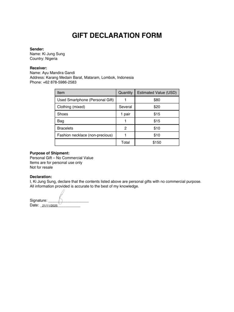 Personal Gift Declaration Form | PDF