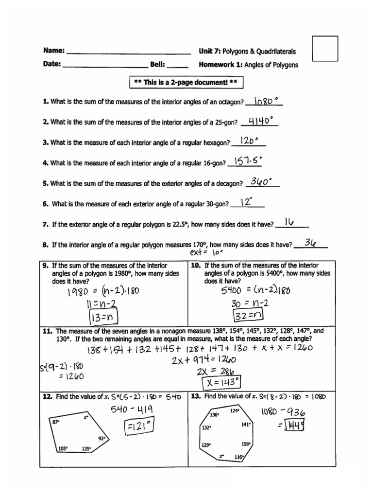 Geometry Honors Unit 7 Polygons Quadrilaterals Homework Key | PDF