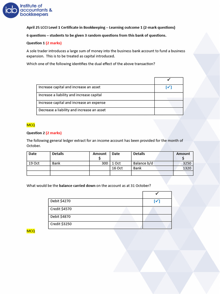 LCCI Level 1 Bookkeeping Exam Questions | PDF | Debits And Credits ...