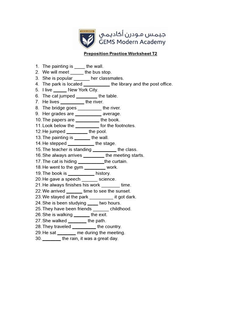 Grade 10 Preposition Practice Worksheet T2 | PDF