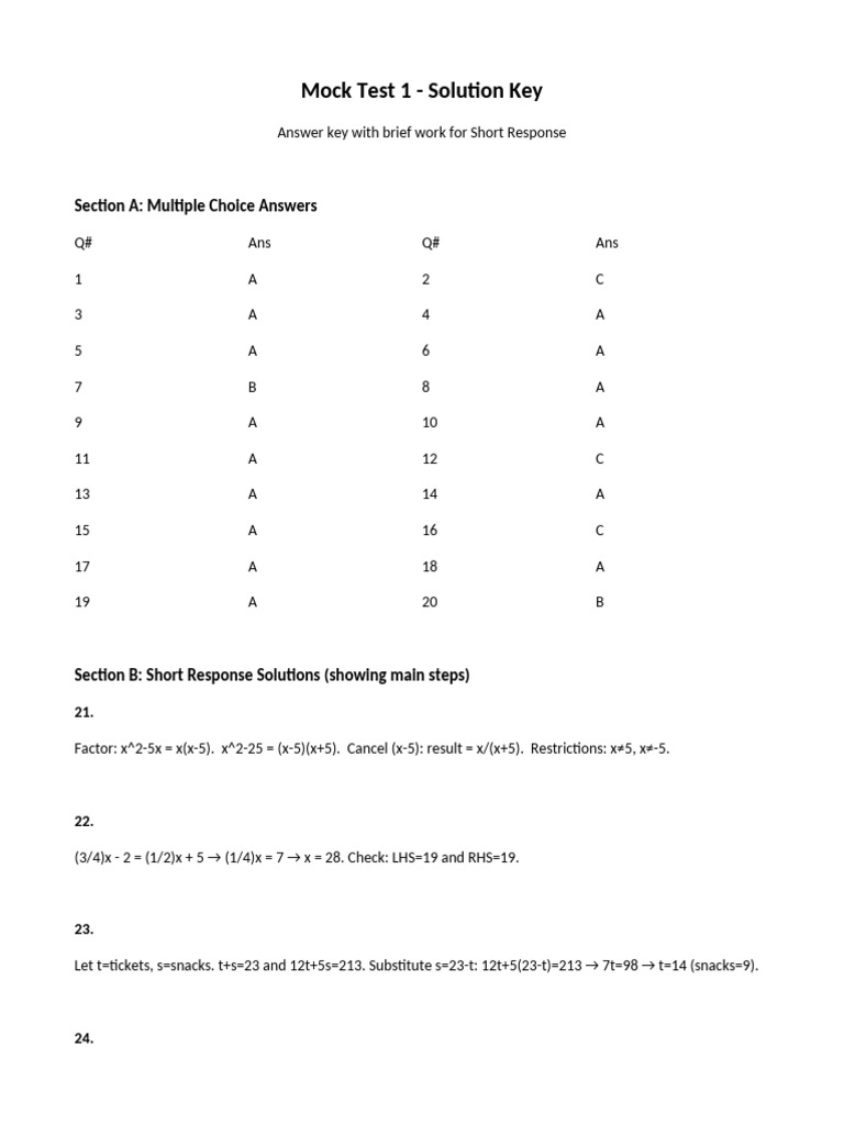 Mock Test 1 Answer Key and Solutions | PDF