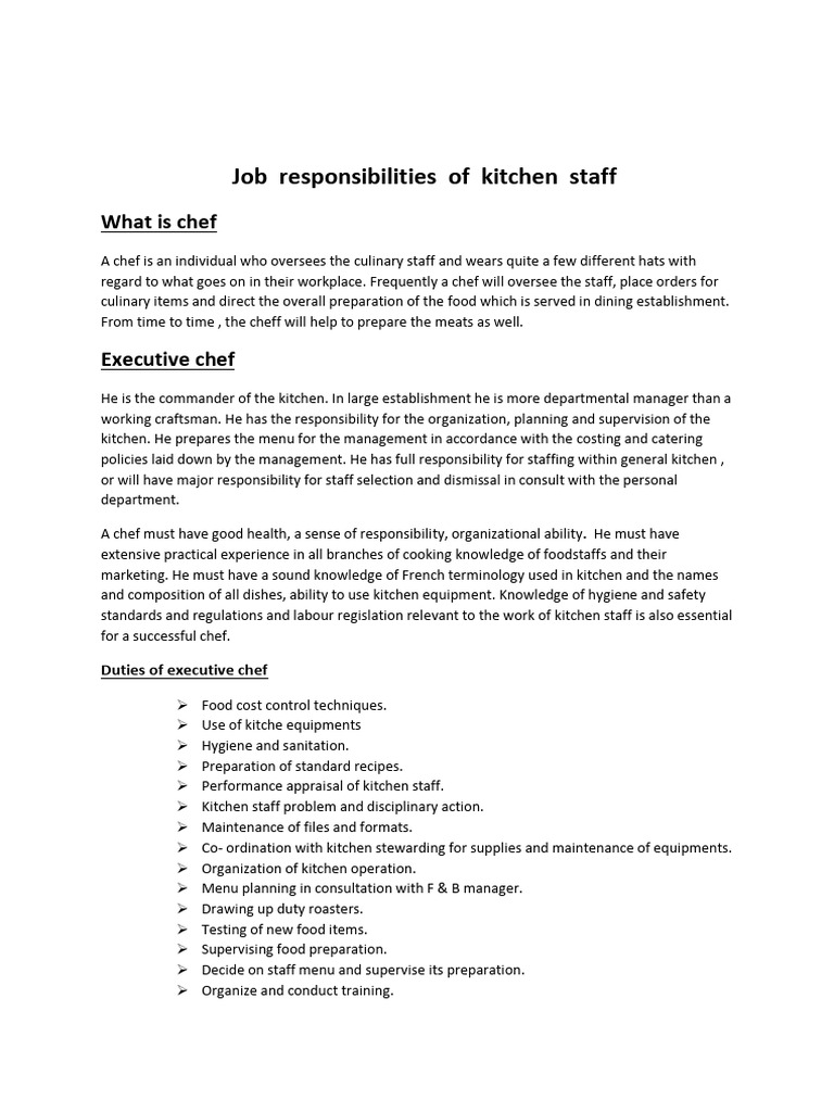 Kitchen Staff Job Responsibilities Guide | PDF | Chef | Roasting