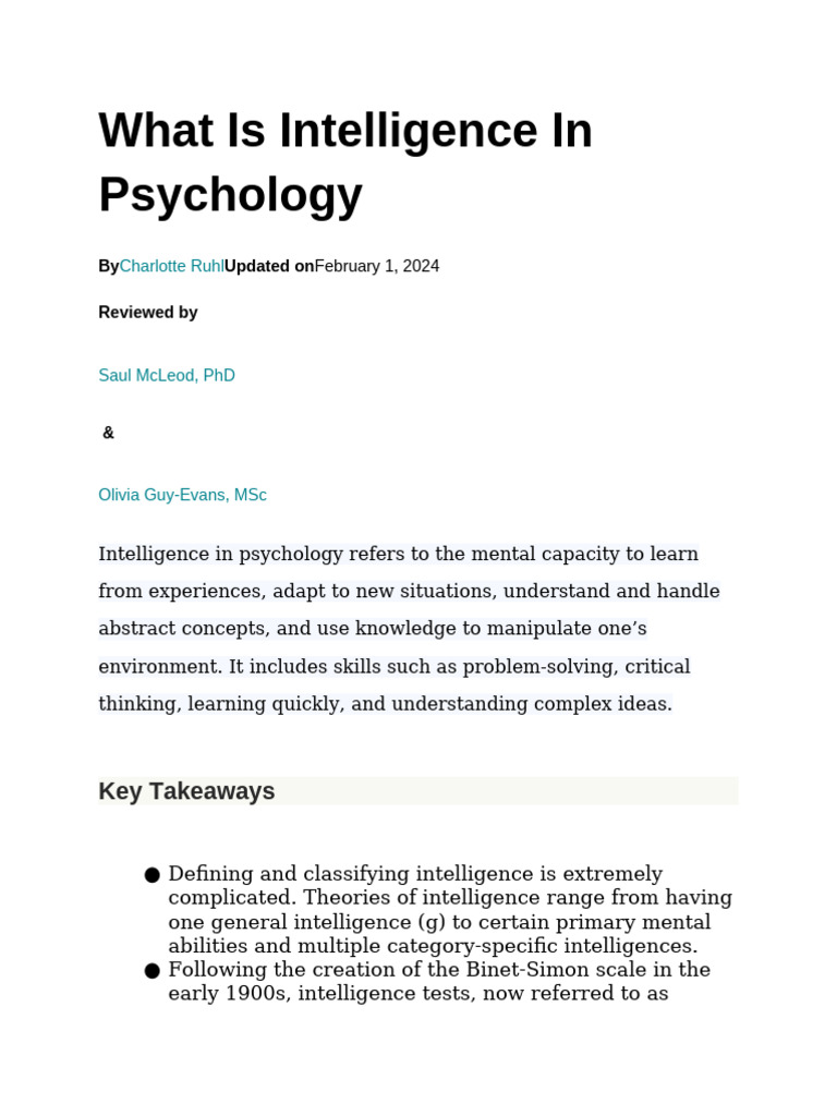 Understanding Intelligence in Psychology | PDF | Wechsler Adult ...