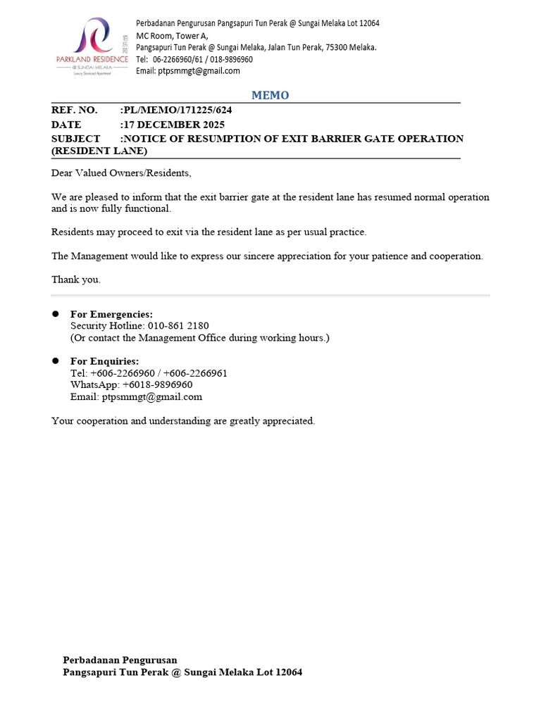 624 Notice of Resumption of Exit Barrier Gate Operation (Resident Lane ...