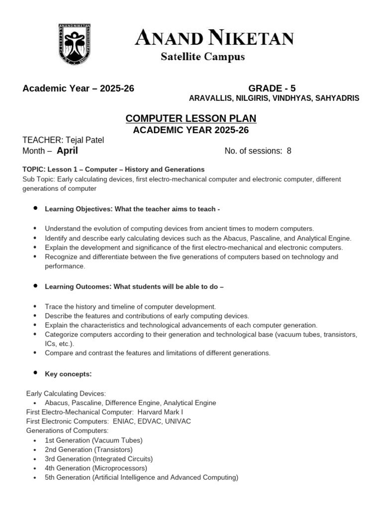 Grade 5 Computer History Lesson Plan | PDF | Computing