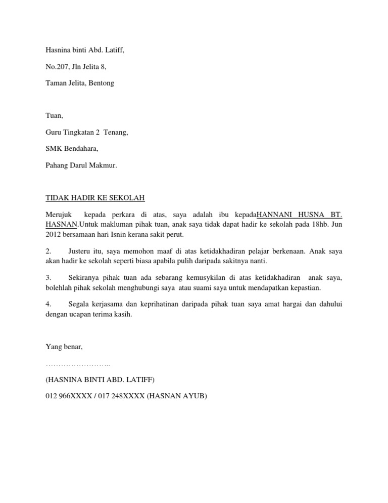 Surat Untuk Cuti Sekolah