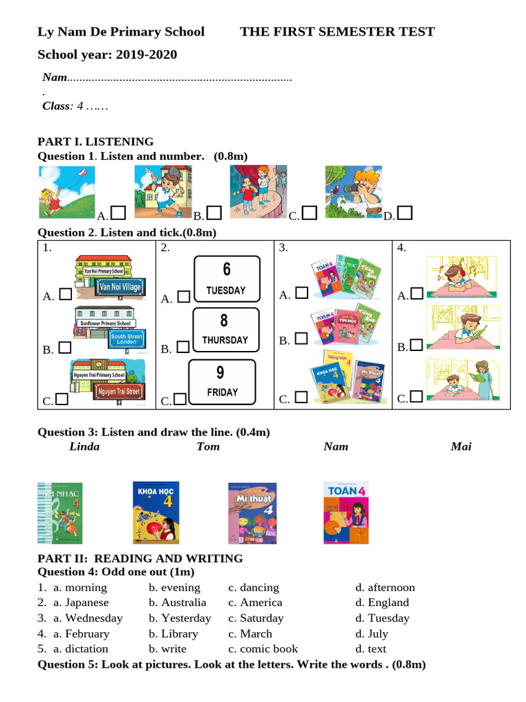 First Semester Test for Grade 4 Students | PDF