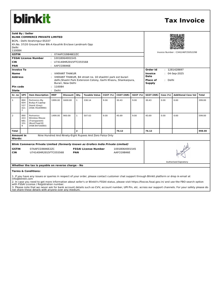 Tax Invoice from Blink Commerce | PDF | Economy Of India | Payments