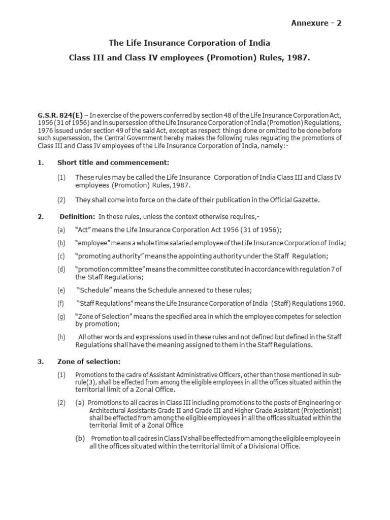 LIC India Class III & IV Promotion Rules | PDF