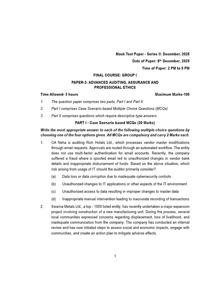 Advanced Auditing Mock Test December 2025 | PDF | Auditor's Report | Audit