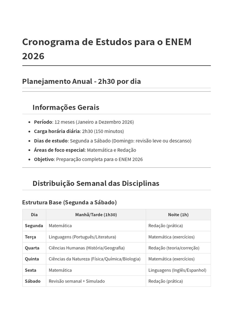 Cronograma de Estudos ENEM 2026 | PDF | Science | Matemática