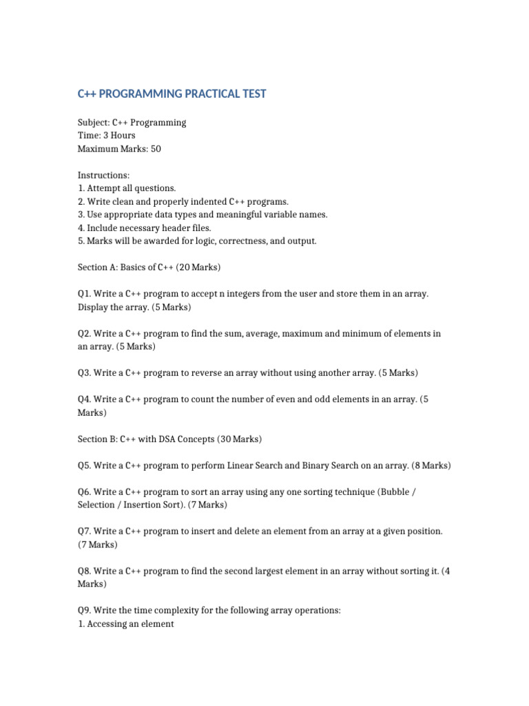 C++ Programming Practical Test Guide | PDF